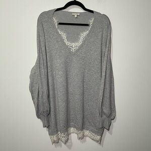 Laura Womens Grey Lace Trim V-Neck long balloon sleeve preppy knit sweater in 3X
